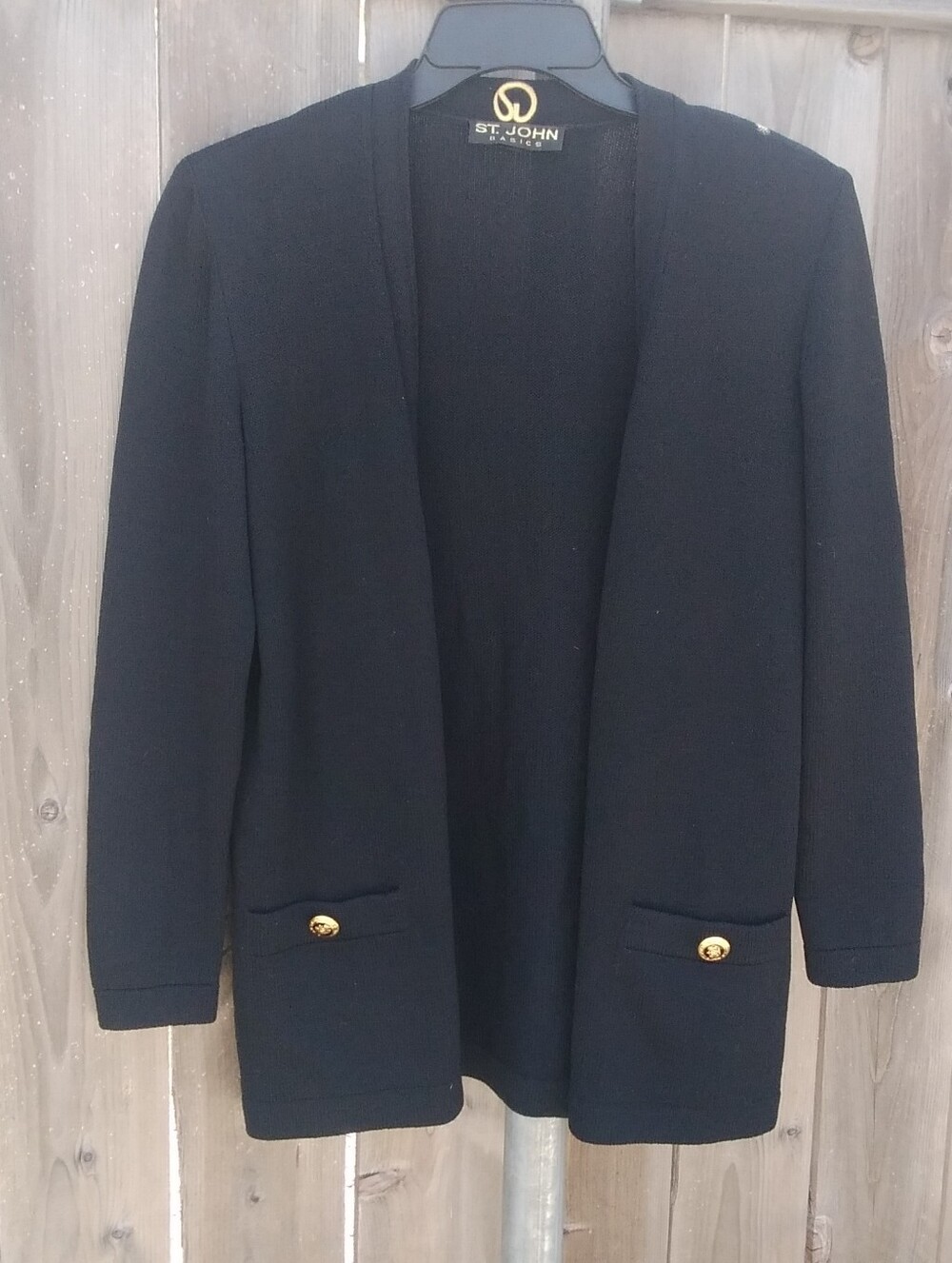 St. John Black Santana Knit Open-Front Sweater Blazer with Gold Buttons